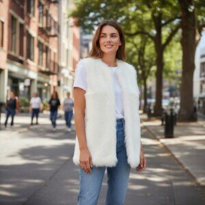 W BY WORTH NEW YORK WHITE DESIGNER FAUX FUR VEST SMALL/MED